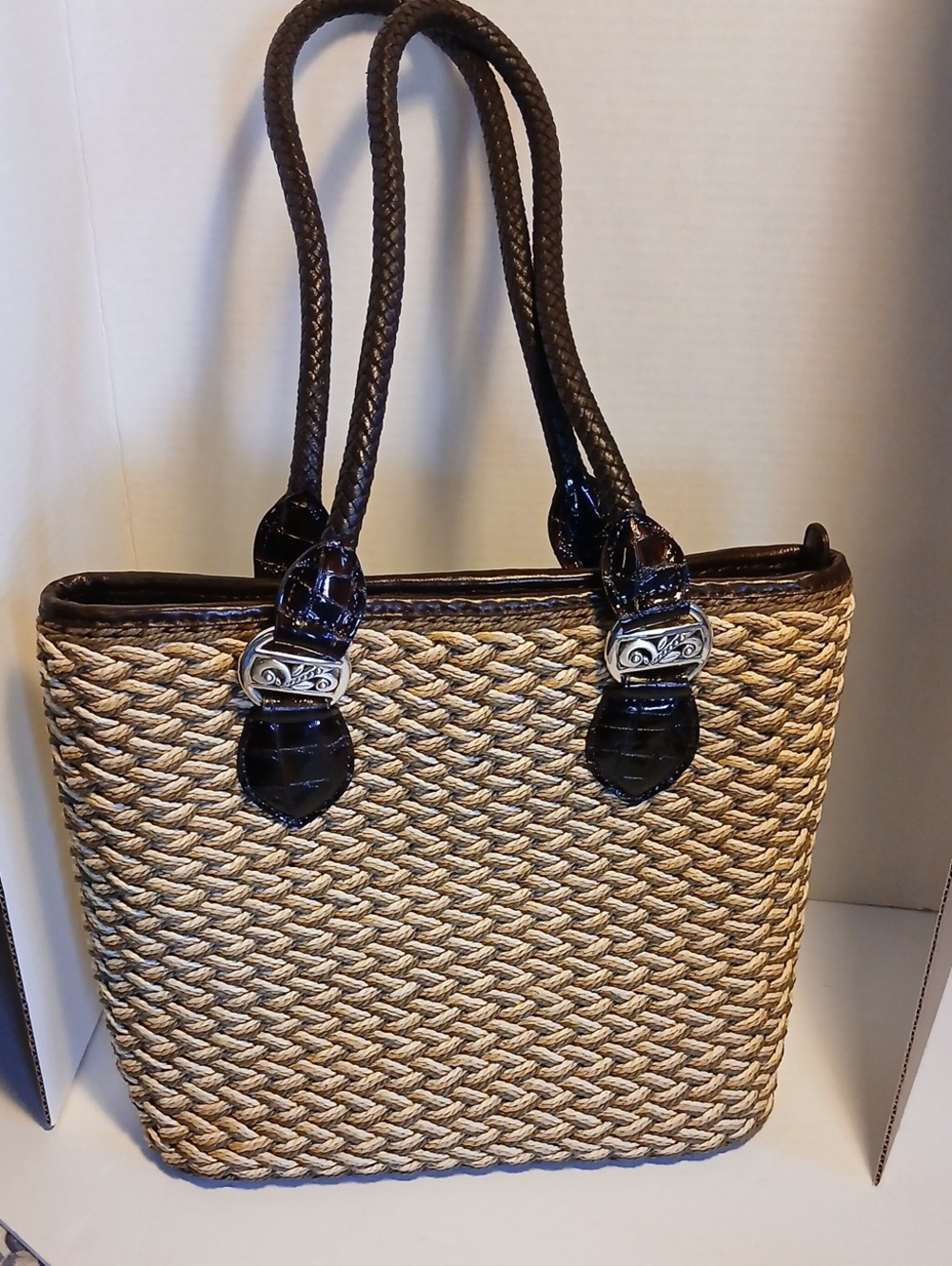 Brighton Straw Tote with Dark Brown Trim and Silver Hardware